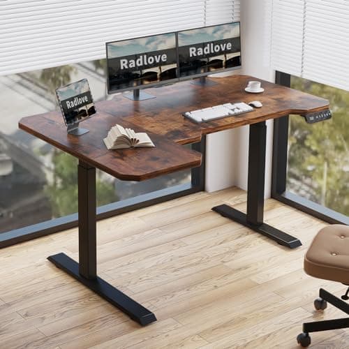 Radlove Dual Motors Height Adjustable 59'' L Shaped Electric Standing Desk with Curved Design Stand Up Table 4 Memory Keys, Computer Desk with Splice Board Home Office Desk, Brown Top + Black Frame