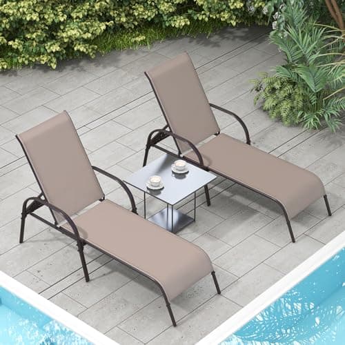 Giantex 2 Pack Patio Lounge Chair, Outdoor Chaise Lounge with 5 Adjustable Backrest, Sturdy Steel Frame, Sunbathing Recliner, Beach Chair, Tanning Chair for Outside, Yard, Balcony, Pool Chairs, Brown 7