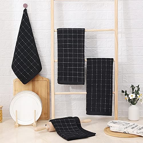 Homaxy 100% Cotton Terry Kitchen Towels(Black, 13 x 28 inches), Checkered Designed, Soft and Super Absorbent Dish Towels, 4 Pack 6