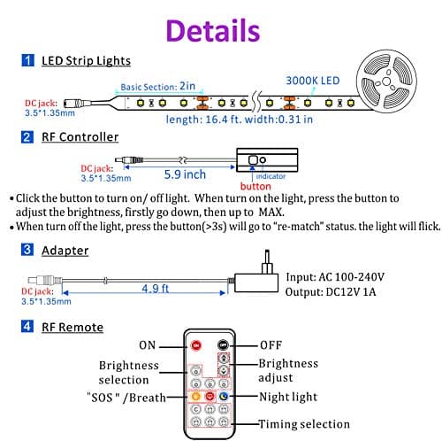 WOBANE Warm White LED Strip, Dimmable LED Light Strips with RF Remote and ETL Listed Adapter, 16.4ft Flexible Tape Lights for Kitchen,Under Cabinet,Bedroom, 3000K,300 LEDs Rope Light 7