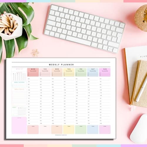 Weekly Hourly Planner Notepad, Daily Planner Desk Pad, Weekly Schedule, To Do List Note Pad, ADHD Planner | 50 Undated Tear Away Sheets | A4 (Rainbow) 6