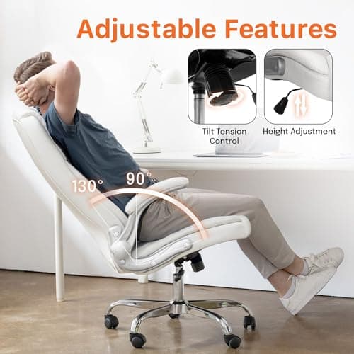 NEO CHAIR Ergonomic Office Desk Gaming Computer Chair Executive High Back Support Flip-up Arms Adjustable Height Swivel Rolling Wheels Comfy PU Leather for Home (White) 7