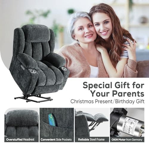 ABCASA Large Power Lift Chairs Recliners for Elderly with Heat ＆ Massage, Upgraded Chenille Recliners, USB-A ＆ C, Cup Holder, Side Pocket, Grey Blue 5
