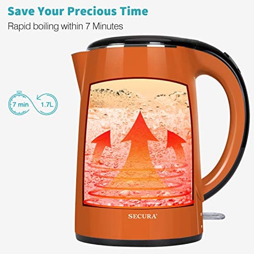 Secura Original Stainless Steel Double Wall Electric Water Kettle 1.8 Quart with Auto Shut-Off & Boil-Dry Protection, Orange SWK-1701DO/HB-3227B 6