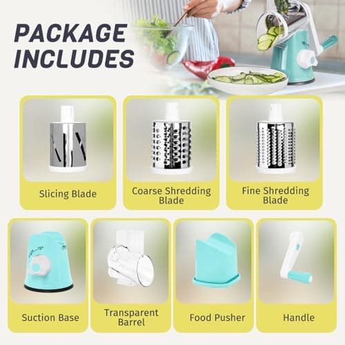 X Home Rotary Cheese Grater for Kitchen, Shredder with 3 Interchangeable Blades, Rotary Grater with Handle and Strong Suction Base, for Vegetables, Fruit, Nuts, Easy to Use and Clean, Blue 9