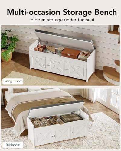 Pipishell 2-Tier Shoe Storage Bench, Entryway Bench with 3 Barn Doors, Cushion Seat, Hidden Storage, Adjustable Shelf, 200 lbs Capacity, for Entryway, Living Room, Bedroom, White (39.4″Wx15″Dx18.1″H) 5
