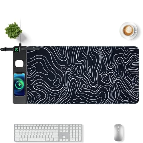 VOVIPO 3 in 1 Wireless Charging Mouse Pad, Gift for Dad/Office Manager,Wireless Charger Compitable with iPhone/Watch/airpods. Wireless Charging Desk Mat 90 x 40cm,Black Topographic Computer Desk Pad