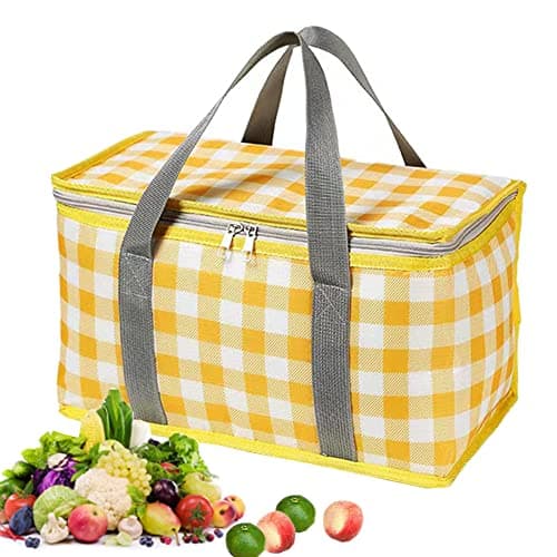 Insulated Picnic Cooler Bag with Zippered Top - Insulated for Hot or Cold, Picnic, Beach, Food Delivery, Outdoor (13.8x7.9x7.9 in) (Yellow)