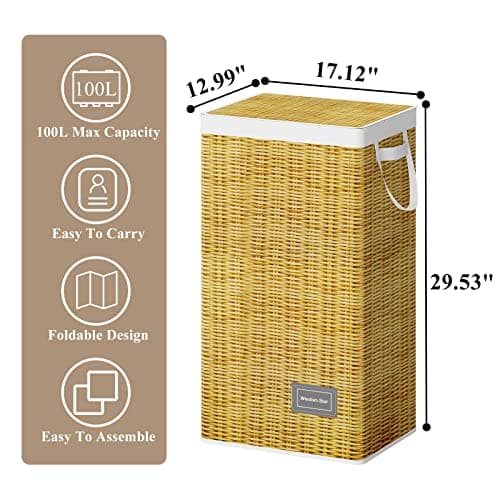 Wisdom Star Full Fabric Laundry Basket with Lid, 100L, Large Laundry Hamper with Handle Removable Bag, Collapsible Clothes Hamper Organize, For Change of Clothes Toys Towels, Wicker Print 6