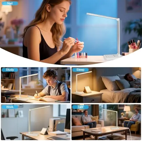 White crown LED Desk Lamp Dimmable Table Lamp Reading Lamp with USB Charging Port, 5 Lighting Modes, Sensitive Control, 30/60 Minutes Timer (White, First-Generation) 5