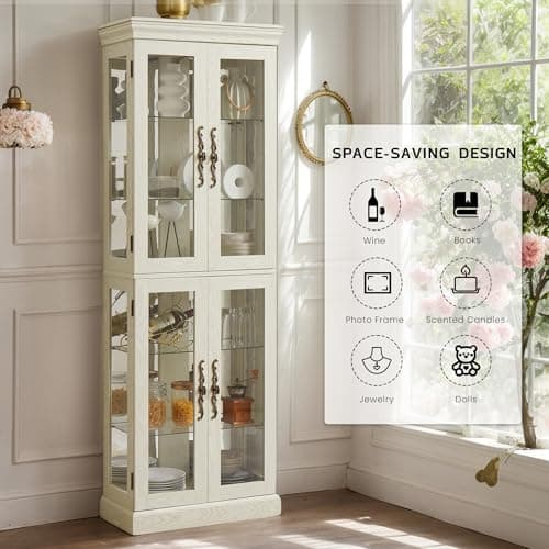 Lighted Curio Cabinet 71" Vintage Glass Display Case with Adjustable Shelves, 4 Tempered Glass Doors, Bulb Included, Wooden Wine Bar China Cabinet for Living Room Liquor Storage (Antique White) 5