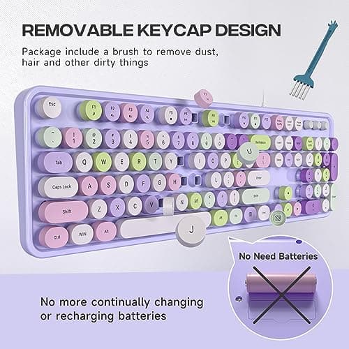 MOWUX Computer Keyboard Wired, Plug and Play USB Retro Round Typewriter Keyboard, Full Size Wired Keyboard with Foldable Stands for Laptop and Office PC- Purple Colorful 6