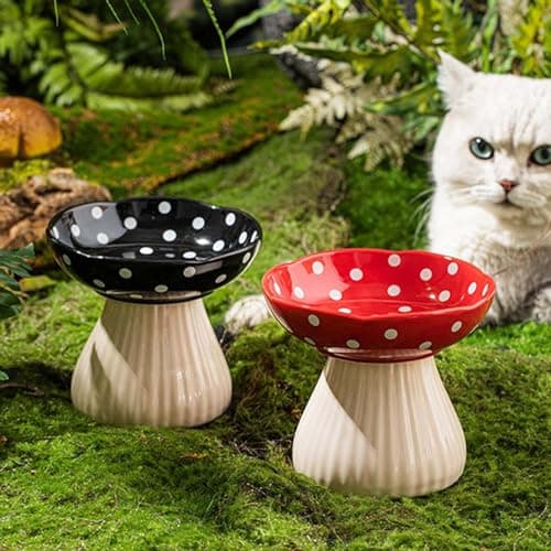 Whimsicalfox Raised Cat Bowl, Cute Mushroom Pet Feeder, Elevated Small Dog Food Bowl, Ceramic Raised Pet Bowls for Food and Water, Wide Shallow Cat Dish, Whisker Fatigue (Red) 9