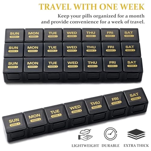 Monthly Pill Organizer, 28 Day Pill Box 1 Time a Day with Dust-Proof Case, Large 4 Weeks a Month Pill Case Container, Daily Vitamin Case Box for Pills/Medicine/Fish Oil/Supplements（Black） 5