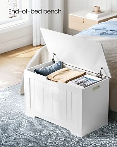 VASAGLE Storage Chest, 29.9 Inches Width Storage Bench, Entryway Bench with 2 Safety Hinges, Shoe Bench, Farmhouse Style, for Entryway, Bedroom, Living Room, Cloud White ULHS11WT 3