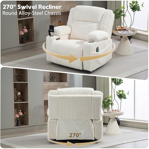 SINCRUMI Power Oversized Swivel Rocker Recliner with Dual Motor Adjustable Headrest for Adults, Glider Rocking Chair with Vibration and Heat, USB A&C Ports, Armrest Storage, Cup Holder, Cream White 7