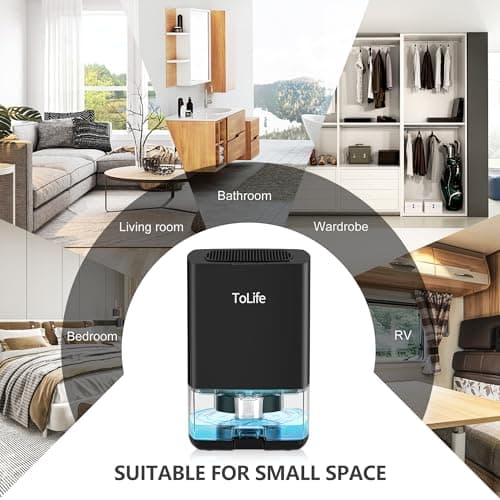 ToLife Dehumidifiers for Home 30 OZ Water Tank with Auto-Off 500 sq.ft Portable Small Dehumidifier for Bathroom Bedroom RV Closet Room 7 Colors LED Light, Black 7