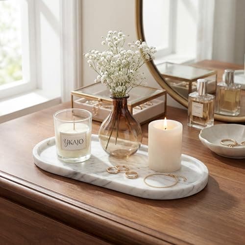 YKAJO 11.6" x 5.9" Oval Real Marble Tray for Bathroom & Kitchen Counter — 100% Natural Stone Decorative Vanity Tray for Dresser & Perfume — Heavy Catchall Organizer for Soap & Jewelry, White Gray 5