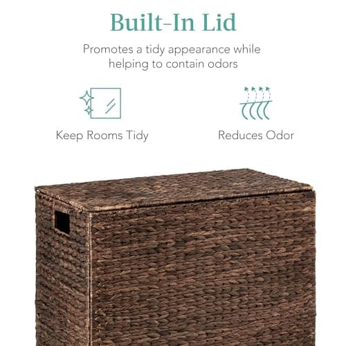 Best Choice Products Large Double Laundry Hamper with Lid, Natural Handwoven Water Hyacinth, 2 Sections w/ 2 Machine Washable Linen Liner Bags, Portable, Handles - Espresso 6
