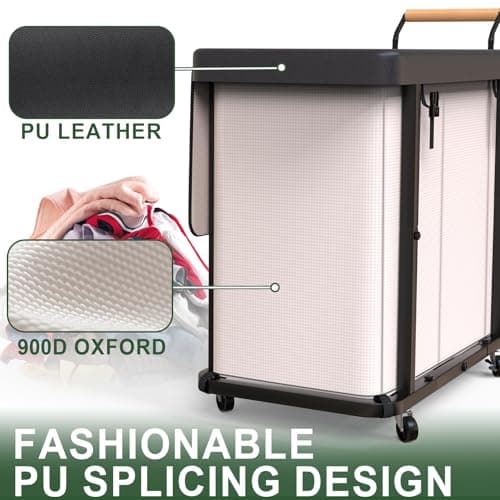 230L (60 Gal) Extra Large Fashion Laundry Sorter 3 Section with Lid, Rolling Laundry Basket Hamper with Handle, Laundry Organizer Storage Cart with Sturdy Metal Frame for Laundry Room, Hotel, White 4
