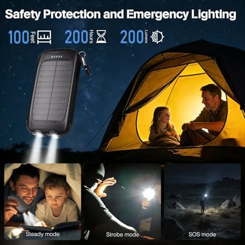 Portable Charger Solar Power Bank 20000mAh with USB-A and USB-C 5V/3A Output Port Black Battery Pack Compatible with iPhone, Samsung, Waterproof Emergency LED Flashlights Perfect for Camping, Hiking 6