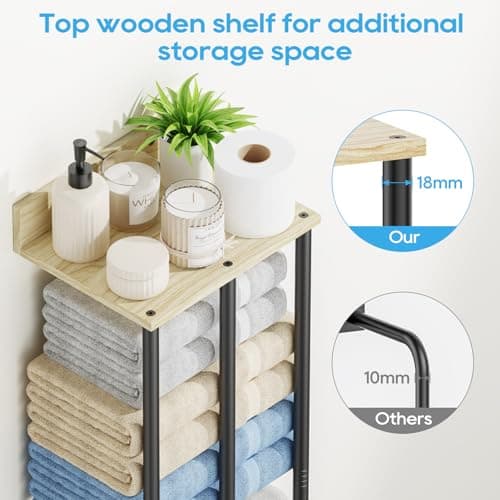WeGXY Towel Racks for Bathroom Wall Mounted, 3 Bar Wall Towel Rack for Rolled Towels, Metal Towel Holder with Wooden Shelf, Sturdy and Large Capacity, Towel Storage Organizer 7