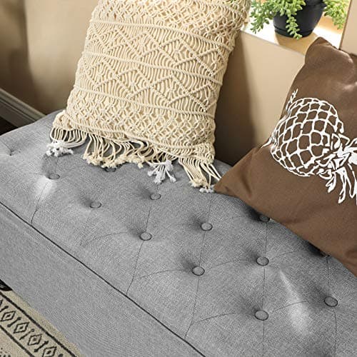 SONGMICS Storage Ottoman, Storage Bench, Tufted Entryway Bedroom Bench, 17.7 x 46.5 x 17.7 Inches, Hinges Easy Lid Operation, Wooden Legs, Linen-Look Cover, Loads 330 lb, Light Gray ULOM070G02 5