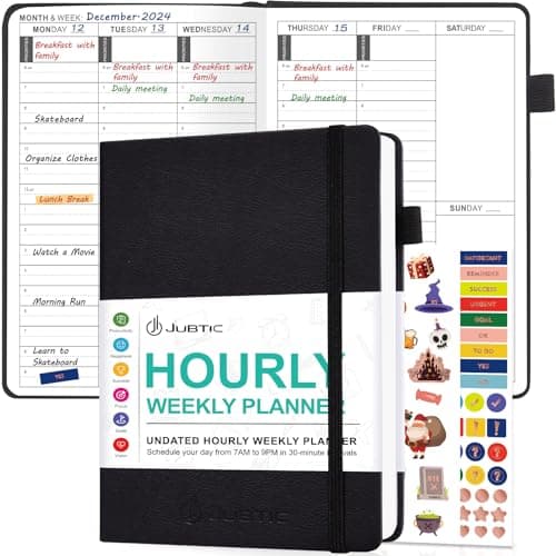 JUBTIC Undated Hourly Weekly Planner, Daily Monthly Appointment Book with 30-Minute Increments, Hardcover To Do List Academic Planner 2025, Start Anytime for Productivity, A5(5.8"x8.5"), Black