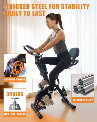 Folding Exercise Bike, 5-in-1 Foldable Stationary Bike Upgraded 16-level Magnetic Resistance 10DB Near-silent Bike Upright Indoor Exercise Bike for Home with Arm Resistance Band, Back Support Cushion 6