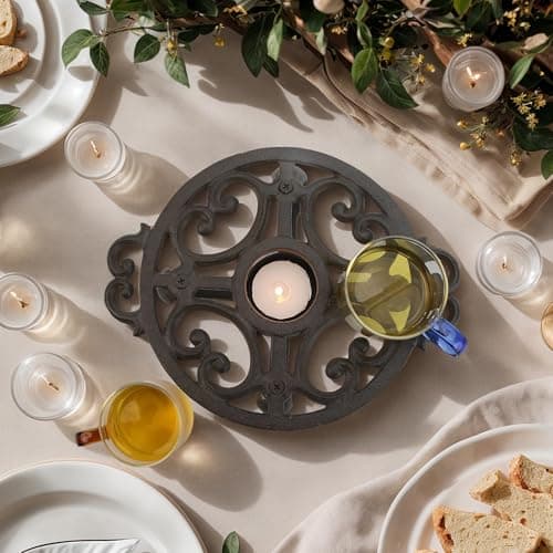 Linton Arts Cast Iron Teapot Warmer, Tea Pot Warmer with Tealight Holder, Portable Wind-Resistant Tea Pot Warmer Base with Candles & Pinch Mitts, for Heat Food Coffee Milk or Tea 6