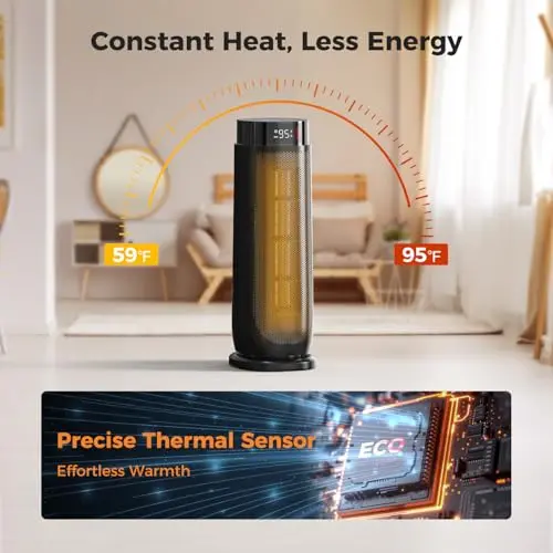 BREEZOME Space Heaters for Indoor Use, 1500W, with Thermostat, 24H Timer, 90° Oscillating, Quiet, Portable, PTC Ceramic, with Remote, Fast Safety Heat for Home Bedroom (BLACK) 6