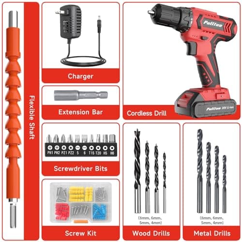 PULITUO Cordless Drill Set, 20V Electric Power Drill with Battery And Charger, 30N.m and 21+1 Torque, 2 Variable Speeds, with 59pcs Drill Driver Bits Kit, Screws Set，(Red) 7