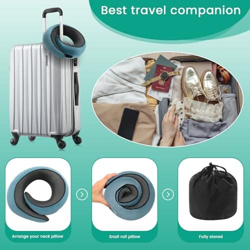 Badink®Memory Foam Neck Travel Pillow, Neck Pillow Airplane with MagicStrap – Adjustable Ergonomic Travel Pillow for Office/Airplane/Car, Washable Cover, Portable Travel Essentials (Peacock Blue) 7