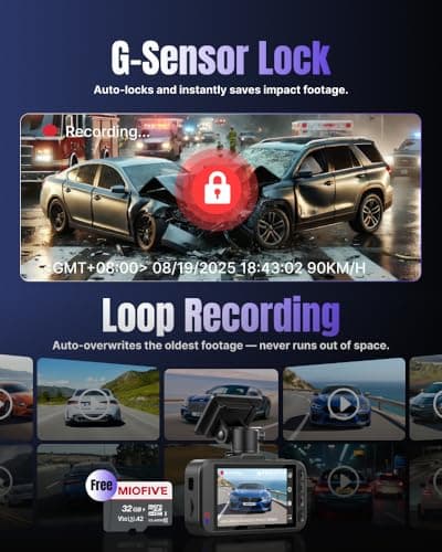 Miofive Dash Cam Front & Rear Dual Channel – Front 4K UHD + Rear 2.5K, Built-in GPS & 5GHz WiFi, 3.0″ IPS Screen, HDR & Night Vision, G-Sensor, 24-Hour Parking Mode, 32 GB Card Included 7