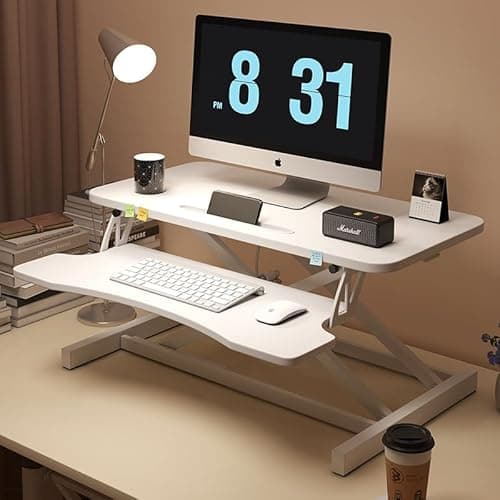 Royjhnl 32 Inch Height Adjustable Stand Up Desk Riser, Heavy Duty Computer Workstation with Removable Keyboard Tray - Ergonomic Design for Home Office Workshop Gaming, Spacious Platform(White)