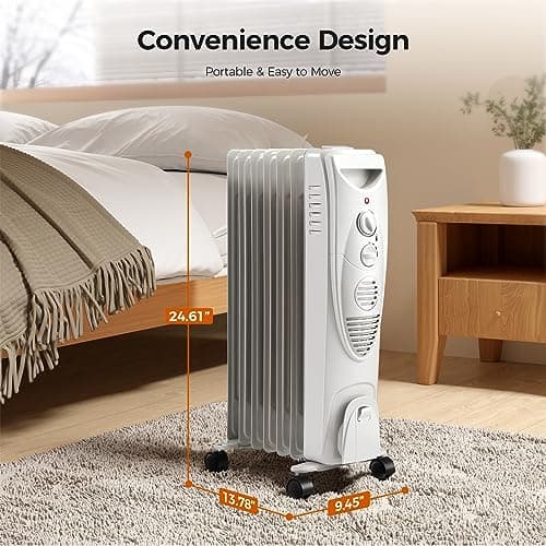 Kismile 1500W Oil Filled Radiator Heater, Portable Electric Heater with 3 Heat Settings, Adjustable Thermostat, Overheat & Tip-Over Protection, Oil Heaters for Indoor Use (Grey) 5