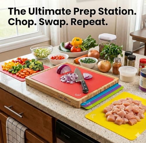 Cooler Kitchen Bamboo Cutting Board Set with 6 Color Coded Flexible Plastic Mats with Food Icons, Labeled Cutting Boards for Kitchen with Holder - BPA-Free Wooden, Dishwasher Safe, Large 7