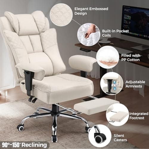 GTPLAYER Big and Tall Office Chair 400LBS Wide Ergonomic Gaming Chair with Deluxe Embossing Designed Leather with Foot Rest,150°Reclining Adjustable Soft Armrests Pocket Spring Back Support and Pillow 5