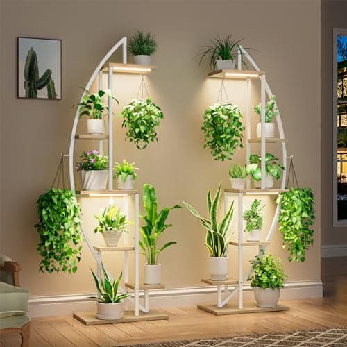 BACEKOLL 63" Metal Plant Stand Indoor With Grow Lights - 6 Tiered Tall Shelf for Multiple Plants, Half-Moon Rack Display, Holder for Living Room, Patio - White