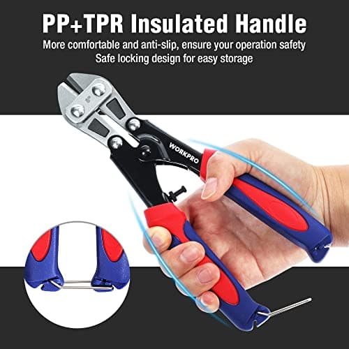 WORKPRO Mini Bolt Cutter 8-inch, Spring Loaded Small Heavy Duty Wire Cable Cutter, Snips Clippers with Soft Anti-Slip Handle 6