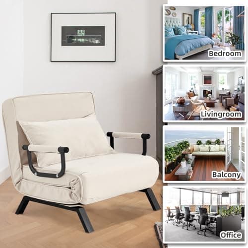 Hupmad Convertible Bed Sleeper Chair,Tri-fold Upholstered Armchair Sleeper with Pillow,Folding Leisure Chaise Lounge Couch,6 Angle Adjustable Backrest Single Lazy Bed for Office (Beige, Regular) 6