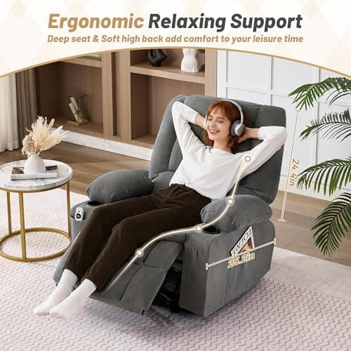 Rocker Recliner Chair with Massage and Heat, Nursery Rocking Chairs for Living Room, Ergonomic Comfy Relining Chair with Cup Holders, USB Charge Port, Side Pockets, Recliner Chair for Adults, Grey 5