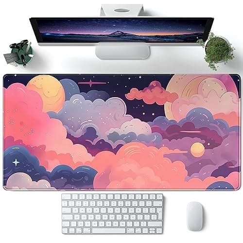 Cute Desk Mat Kawaii Clouds Pink Purple Desk Pad Anime XXL Large Mouse Pad Big Full Desk Gaming Mousepad Laptop Computer Keyboard Mouse Mat 31.5''X 15.7'' Cute Desk Decor Accessories