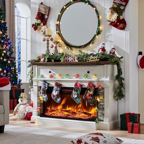 OKD 52" Electric Fireplace with Mantel, Freestanding Fireplace Heater TV Stand with 36" 3-Side Glass Insert for TVs Up to 65" with Storage Cabinet for Living Room, Antique White 7