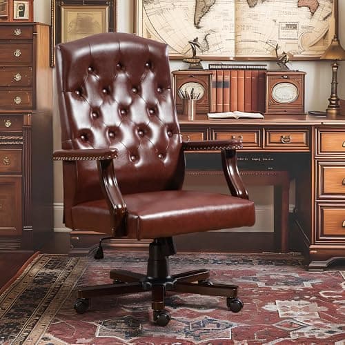 ECOTOUGE High Back Computer Chair with Upholstered Backrest Vinage Farmhouse Retro Style, Faux Leather Wing Back Swivel Seating for Boss Home, Brown 7