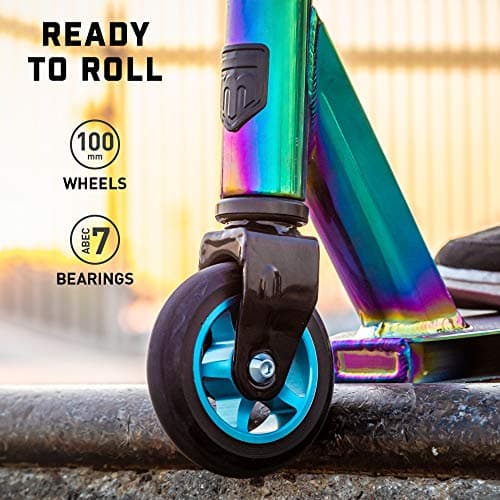 Mongoose Rise 100 Pro Slick Freestyle Stunt Trick Scooter, Lightweight Alloy Deck & Heavy-Duty Frame Up to 220 lbs., Bike-Style Grip, Wheel Pegs Included, Oil Slick 5
