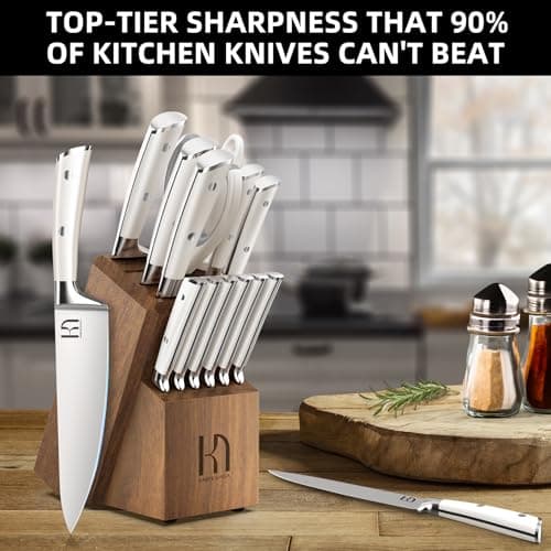 KnifeSaga Knife Set, Premium 15 Piece Japanese High Carbon Stainless Steel Knives Set for Kitchen with Block and Sharpener, Razor Sharp Kitchen Knife Block Sets with Ergonomic Full-tang Handle, White 5