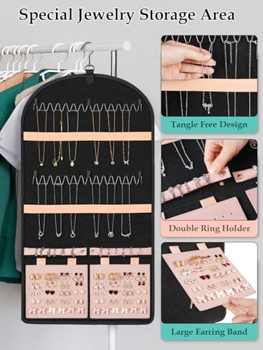 MATEIN Hanging Jewelry Organizer with Removable Zipper Jewelry Pouches, Tangle-Free Necklace Hanger for Closet with Metal Hook, Over the Door Earring Storage Bracelet Ring Holder 5