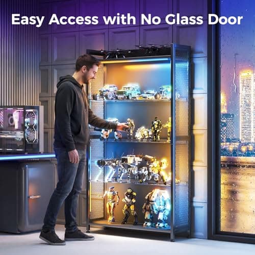 AODK Display Case with LED Lights, Display Cabinet with Glass Storage Shelves and Industrial Metal Mesh, 4-Tier Display Shelf for Collectibles, Curio Cabinet with Open Shelf, Black 8