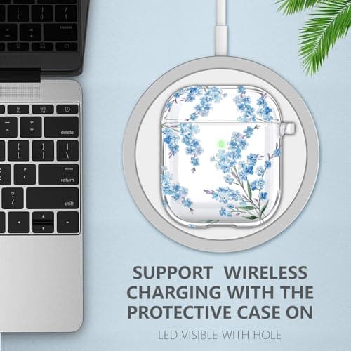 Wonjury Protective Clear Floral Case Cover with Cleaner Kit Portable Shockproof Women Girls with Keychain for Apple Airpods 2/1 Charging Case - Clear/Blue Flower 4